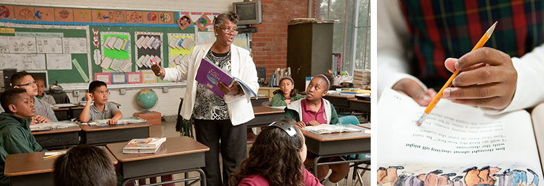 Teacher instructing students in St. Cecilia classroom