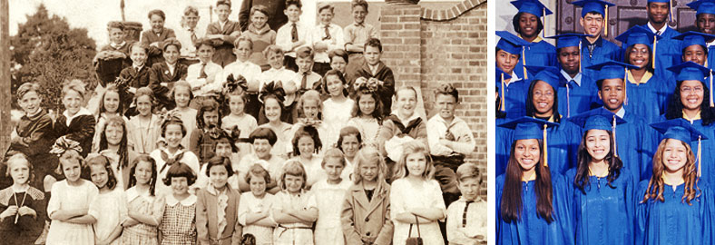Historic and more recent class photos at St. Cecilia School